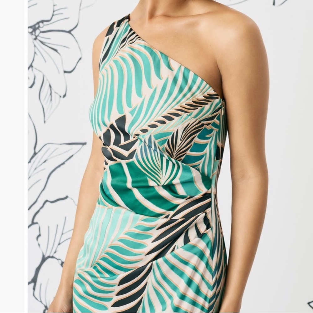 NEW Maggy London Abstract tropical, one shoulder asymmetrical dress, size 2
